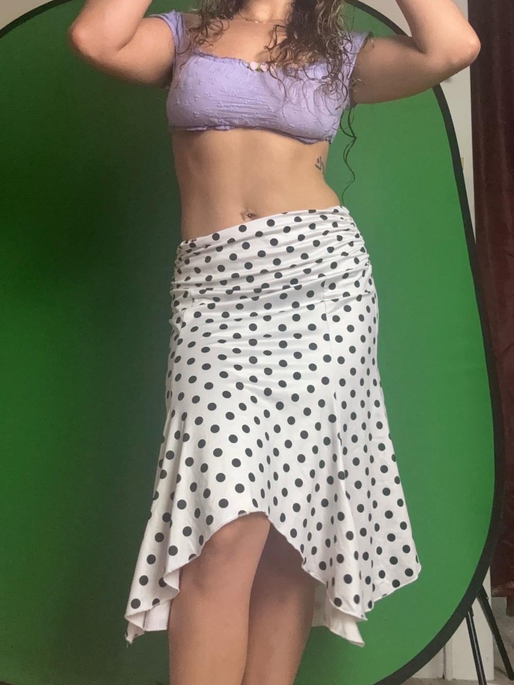 Polka Dot Asymmetric Midi Skirt — White with Black Dots